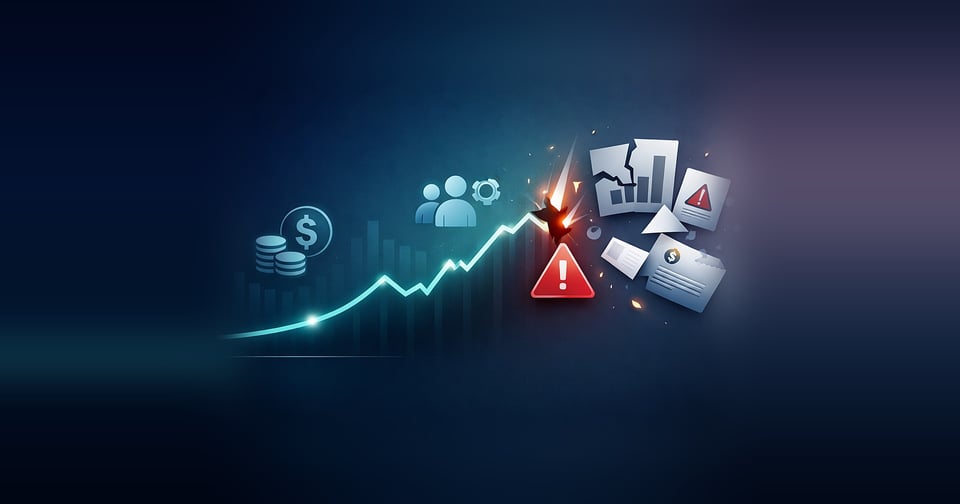 A rising growth line that breaks at a warning sign, scattering cracked reports and documents, illustrating a growing company outgrowing its systems.