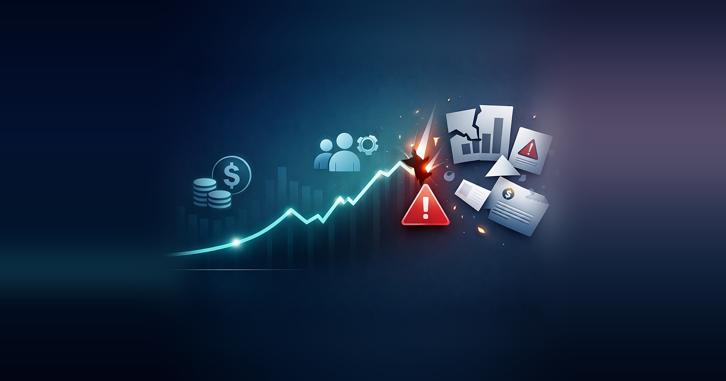 A rising growth line that breaks at a warning sign, scattering cracked reports and documents, illustrating a growing company outgrowing its systems.